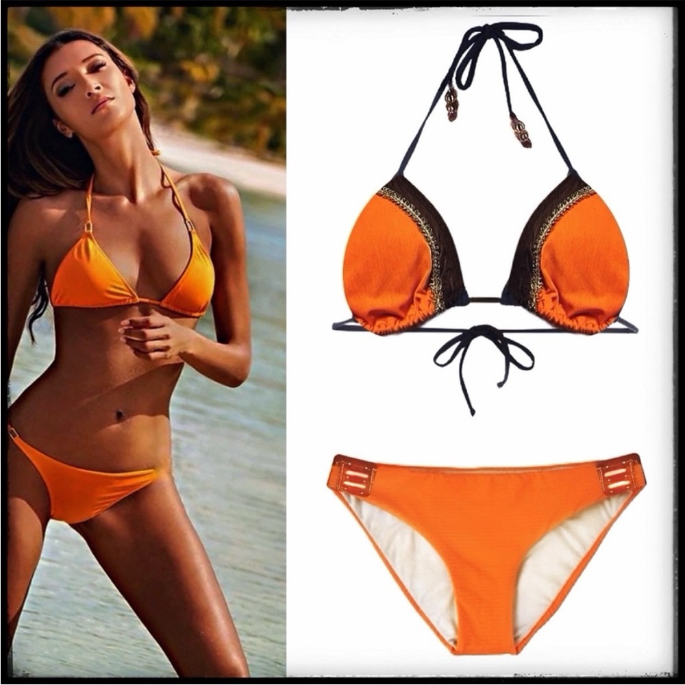 Rampage Swim Bikini Set Triangle Top Matching Bottom Beaded Embellishments SEXY